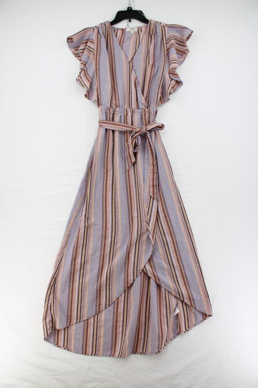 Umgee Maxi Dress Womens Small Hi Low Hem Striped Ruffles Flutter Sleeve Belt